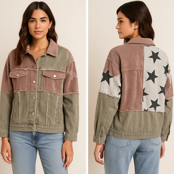 POL Star Patchwork Shacket Corduroy Denim Jacket Oversized Large - Picture 1 of 7